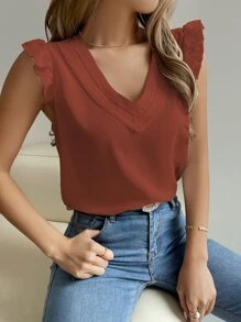 Breezaya Blusa panel con encaje de manga con volante - Óxido marrón - Ver 4