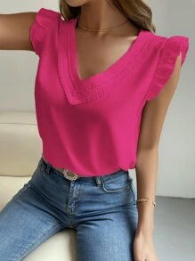 Breezaya 拼接水溶蕾絲荷葉袖襯衫 - 玫紅色 - 查看 5