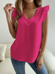 Breezaya 拼接水溶蕾絲荷葉袖襯衫 - 玫紅色 - 查看 6