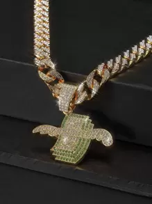 嘻哈風格搭配鑲嵌水晶翅膀圖案美元符號吊墜項鍊，派對禮物首選，使用合金材質製成，男女適用 - 金色 - 查看 13