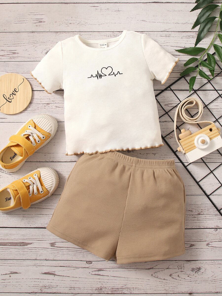 SHEIN Babymeisje Hartslag & Hartprint Slatrimmen T-shirt & short