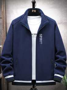 Manfinity Men Letter Embroidery Striped Trim Zipper Fleece Jacket - Navy Blue - View 1