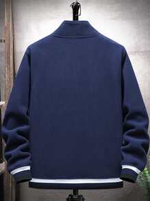 Manfinity Men Letter Embroidery Striped Trim Zipper Fleece Jacket - Navy Blue - View 2