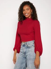 SHEIN Privé Camiseta corta tejido de canalé ribete en forma de lechuga - Burdeos - Ver 5