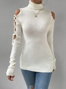 Chiquease Cold Shoulder Lace-up Side Jumper - White - View 4