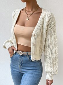 SHEIN Privé Cárdigan tejido de cable de hombros caídos con botón delantero - Albaricoque - Ver 3