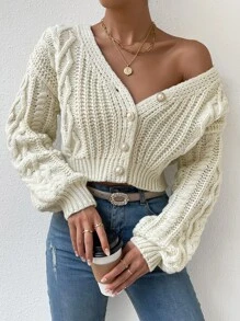 SHEIN Privé Cárdigan tejido de cable de hombros caídos con botón delantero - Albaricoque - Ver 4