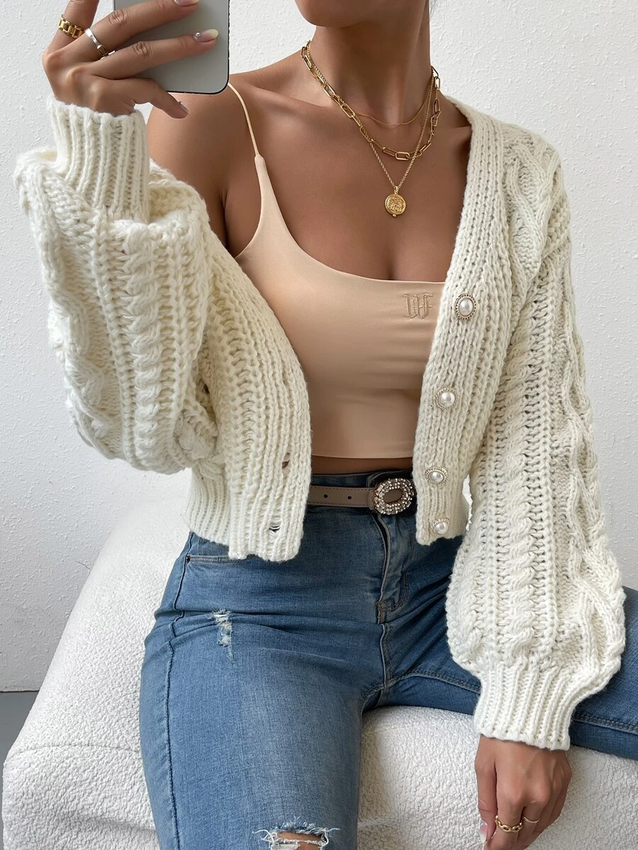 SHEIN Privé Cárdigan tejido de cable de hombros caídos con botón delantero - Albaricoque - Ver 1