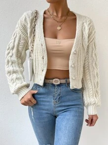 SHEIN Privé Cárdigan tejido de cable de hombros caídos con botón delantero - Albaricoque - Ver 7