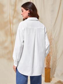 Seusyu Camisa con diseño de diamante de imitación con bolsillo con solapa de hombros caídos sin cinturón - Blanco - Ver 5