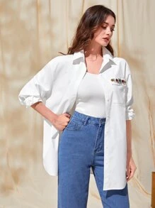 Seusyu Camisa con diseño de diamante de imitación con bolsillo con solapa de hombros caídos sin cinturón - Blanco - Ver 3