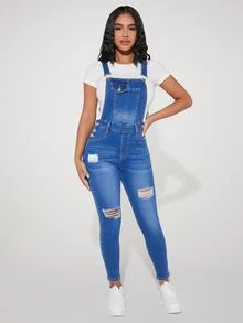 SHEIN PETITE Ripped Denim Dungarees Without Top - Medium Wash - View 4