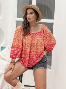 Rusttydustty Plus Floral Print Square Neck Blouse - Multicolor - View 1