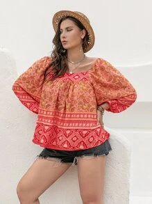 Rusttydustty Plus Floral Print Square Neck Blouse - Multicolor - View 4