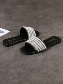 1 双时尚舒适 2025 年新款夏季露趾珍珠装饰平底一脚蹬凉鞋，百搭款式搭配连衣裙和裤子，职业女士平底凉鞋 - 黑色 - 查看 3