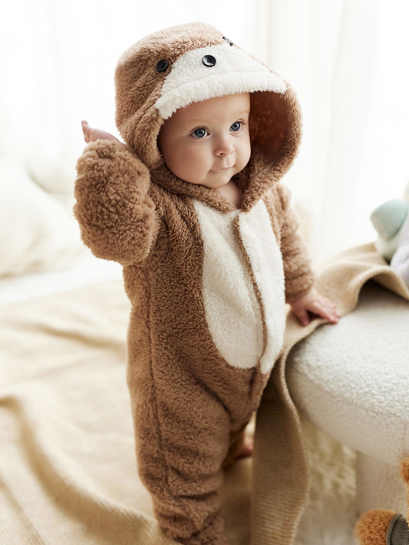 Áo liền quần Em bé Đắp vá Nút phía trước Hoạt hình Khối Màu Dễ thương - màu nâu - Xem 1