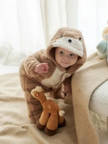 Áo liền quần Em bé Đắp vá Nút phía trước Hoạt hình Khối Màu Dễ thương - màu nâu - Xem 3