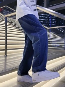 男士斜口袋闊腿牛仔褲 - 深色水洗藍 - 查看 3