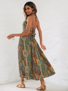 SHEIN VCAY Paisley Print Tied Backless Crop Top & Skirt Set - Multicolor - View 2