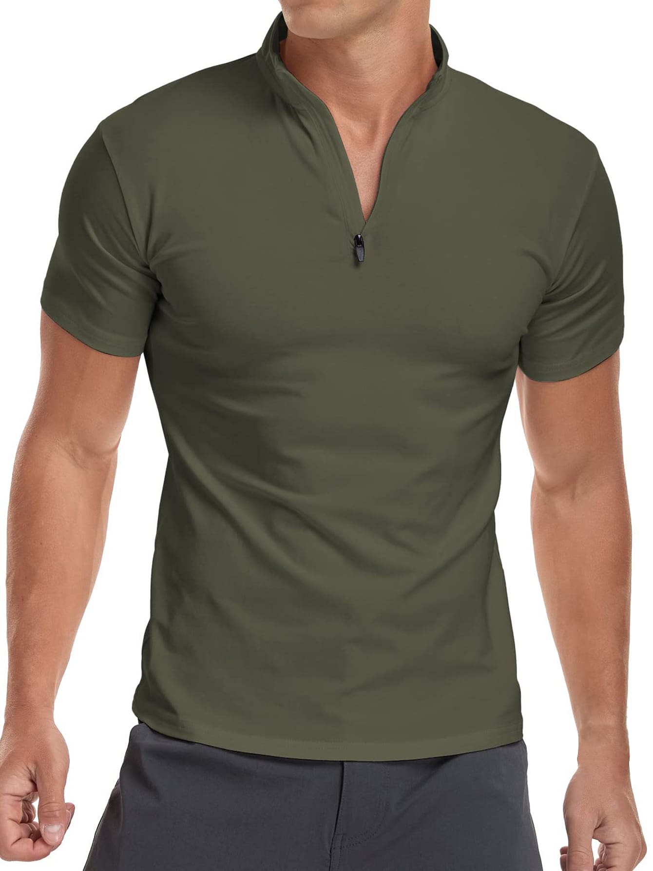 Men Cotton Solid Quarter Zipper Tee - Army Green - View 1