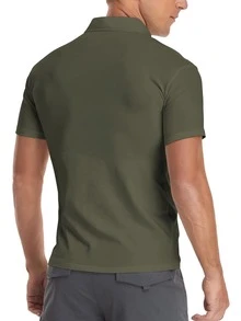Men Cotton Solid Quarter Zipper Tee - Army Green - View 2