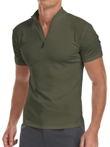 Men Cotton Solid Quarter Zipper Tee - Army Green - View 3