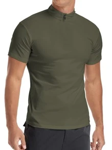 Men Cotton Solid Quarter Zipper Tee - Army Green - View 4