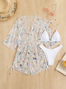 Metallic Feather Print Halter Triangle Bra & Hipster Bottom & Cover Up Romper 3 Piece Bathing Suit - White - View 5