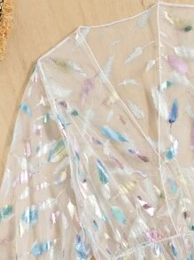 Metallic Feather Print Halter Triangle Bra & Hipster Bottom & Cover Up Romper 3 Piece Bathing Suit - White - View 6