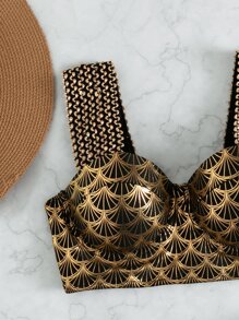 SHEIN Swim Summer Beach Metallic Bikini Set Stitch Detail Push Up Bra Top & Cheeky Bikini Bottom 2 Pieces Bikini - Multicolor - View 6