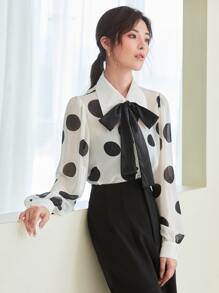 Mulvari Polka Dot Tie Neck Shirt - Black and White - View 1