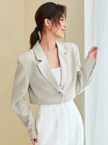 BizChic Áo khoác ngắn nữ, áo khoác blazer ngắn một hàng khuy, trang phục công sở thường ngày khi đi làm trong thành phố và những dịp trang trọng, mùa thu/đông - Màu be - Xem 1