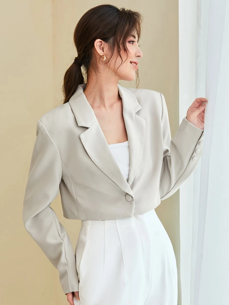 BizChic Áo khoác ngắn nữ, áo khoác blazer ngắn một hàng khuy, trang phục công sở thường ngày khi đi làm trong thành phố và những dịp trang trọng, mùa thu/đông - Màu be - Xem 1