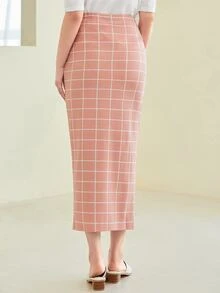Mulvari High Waist Grid Bodycon Skirt - Dusty Pink - View 2