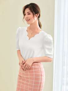 SHEIN Clasi Áo sơ mi Sò điệp màu trơn trắng Thanh lịch - trắng - Xem 4