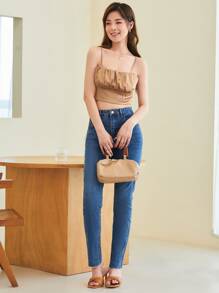 BizChic Ruched Bust Satin Crop Cami Top - Khaki - View 5