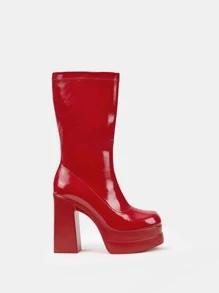 Platform Chunky Heeled Classic Boots - Red - View 5