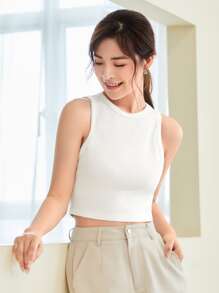 BizChic Solid Rib-knit Crop Tank Top Workwear - White - View 1