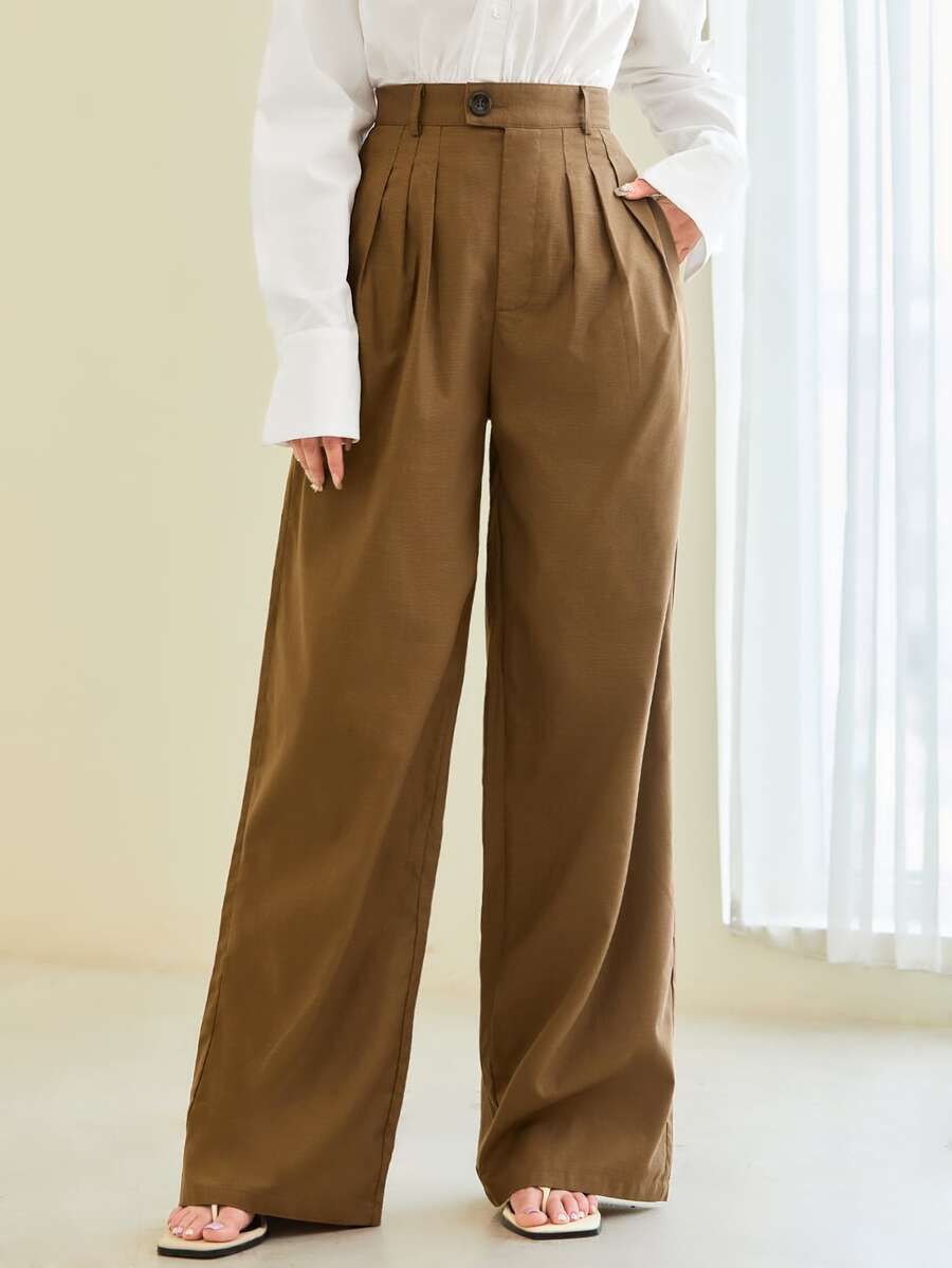 BizChic Cotton Solid Fold Pleated Pants Workwear - Camel - View 1