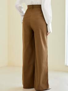 BizChic Cotton Solid Fold Pleated Pants Workwear - Camel - View 2