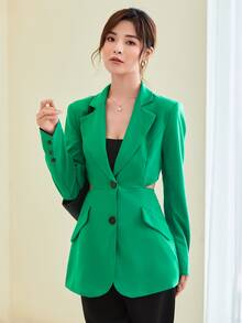 BizChic Cutout Back Solid Blazer - Green - View 4