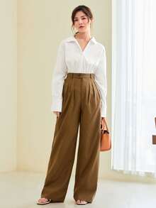 BizChic Cotton Solid Fold Pleated Pants Workwear - Camel - View 3
