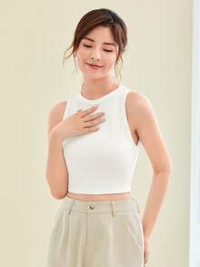 BizChic Solid Rib-knit Crop Tank Top Workwear - White - View 3