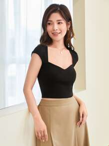 SHEIN BIZwear Tay áo mũ Gân đan Áo thun Trang phục làm việc - màu đen - Xem 4
