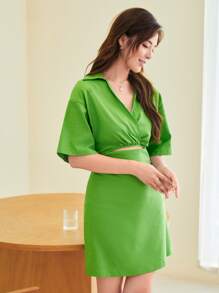 SHEIN Surplice Neck Tie Back Cut Out Dress - Lime Green - View 5