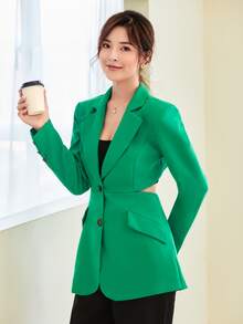 BizChic Cutout Back Solid Blazer - Green - View 5