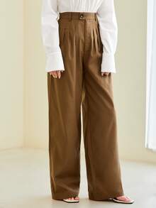 BizChic Cotton Solid Fold Pleated Pants Workwear - Camel - View 5