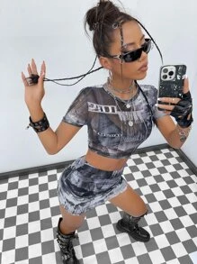 SHEIN ICON 90s Figure Graphic Crop Mesh Top & Bodycon Skirt Without Lingerie Set - Black and White - View 1