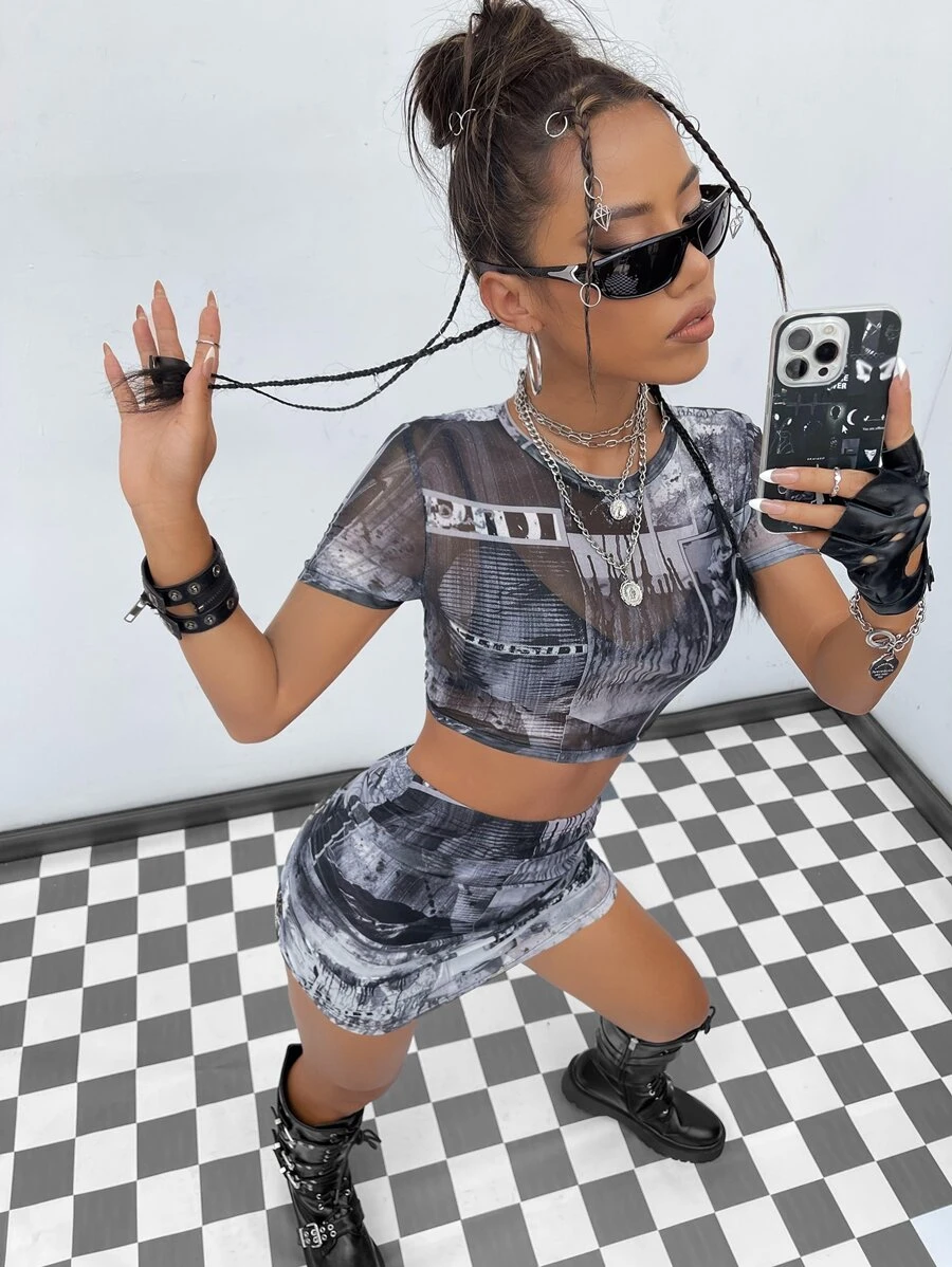 SHEIN ICON 90s Figure Graphic Crop Mesh Top & Bodycon Skirt Without Lingerie Set - Black and White - View 1