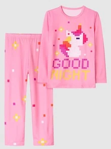 Girls Unicorn & Slogan Graphic Snug Fit PJ Set - Pink - View 1